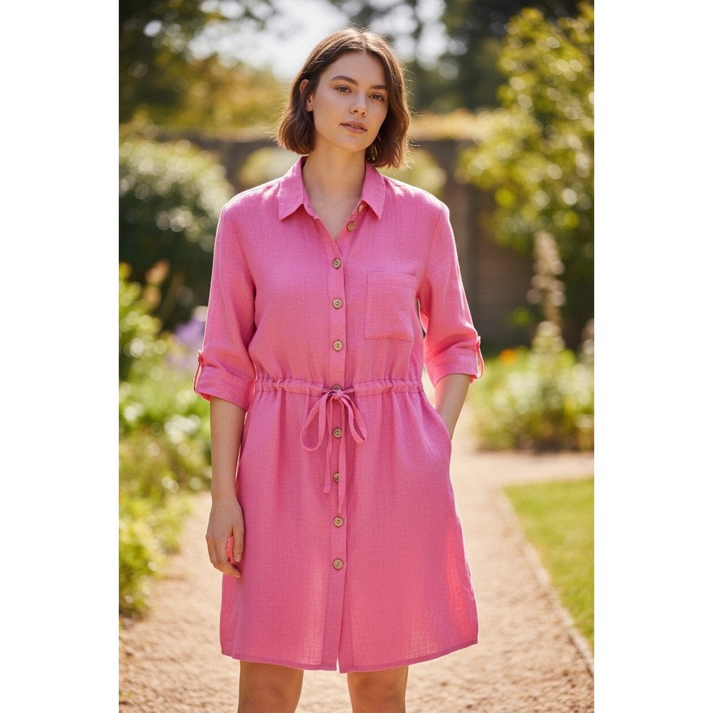 Made in Italy Women's Pink 100% Linen Button Down Drawstring Waist Shirt Dress L